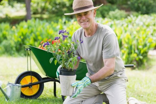 Team trimming hedges along a residential boundary
